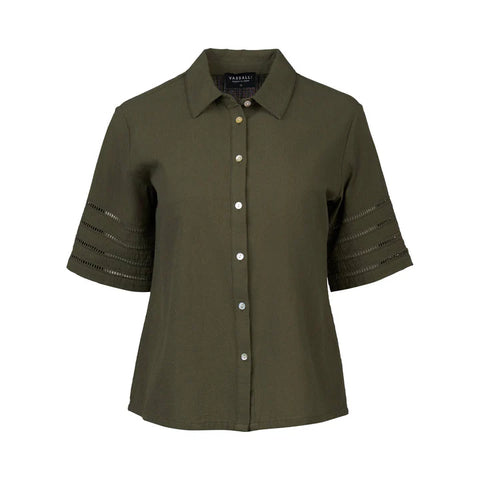 Vassalli - Short Sleeve Button Up Top with Sleeve Trim-Olive