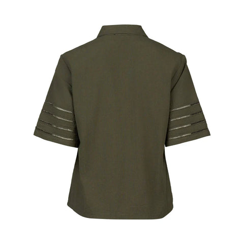 Vassalli - Short Sleeve Button Up Top with Sleeve Trim-Olive