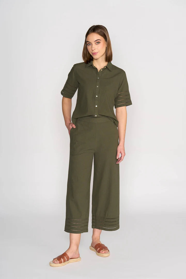 Vassalli - Wide Leg 7/8 Flat Front Pant Cuff Trim-Olive