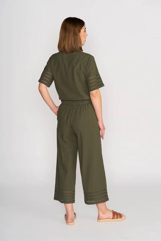 Vassalli - Wide Leg 7/8 Flat Front Pant Cuff Trim-Olive
