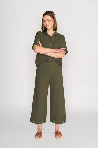Vassalli - Wide Leg 7/8 Flat Front Pant Cuff Trim-Olive