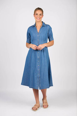 Vassalli - Shaped Waist Button Up Dress-Mid Wash