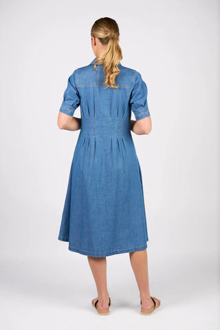 Vassalli - Shaped Waist Button Up Dress-Mid Wash