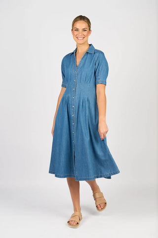 Vassalli - Shaped Waist Button Up Dress-Mid Wash