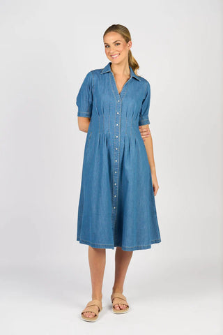 Vassalli - Shaped Waist Button Up Dress-Mid Wash