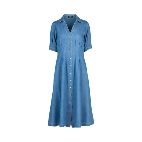 Vassalli - Shaped Waist Button Up Dress-Mid Wash