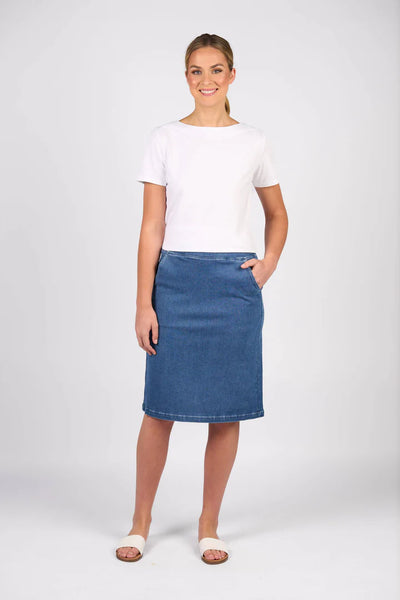 Vassalli - Flat Front Pull On Denim Skirt-Blue Hue