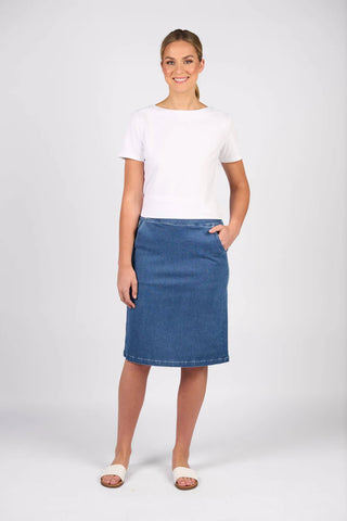 Vassalli - Flat Front Pull On Denim Skirt-Blue Hue