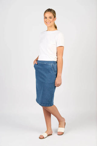 Vassalli - Flat Front Pull On Denim Skirt-Blue Hue