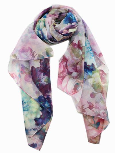 Zura - Silk Scarf - Vintage Floral Print - Pink/ Blue