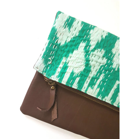Leather and Sea Green Kantha Foldover Clutch