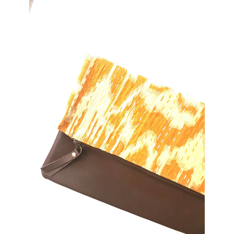 Leather and Mustard Kantha Foldover Clutch