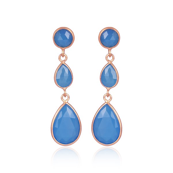 Blue Chalcedony Long Teardrop Earring Sterling Silver with 18K Rose Gold Electroplate