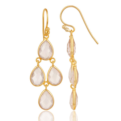 18K Gold Plated Sterling Silver Rose Quartz Bezel Set Dangle Earrings