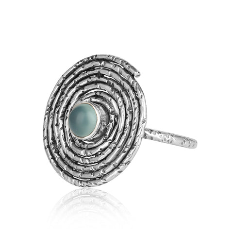 Spiral Oxidized Silver Ring with Blue Chalcedony