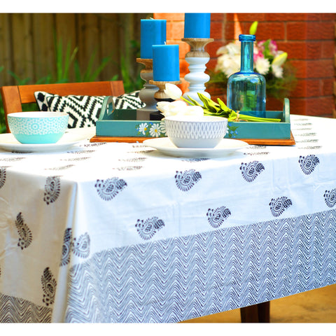 Blanc et Noir - Black & White Blockprint Paisley Tablecloth  - Melange Chic - 1