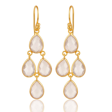18K Gold Plated Sterling Silver Rose Quartz Bezel Set Dangle Earrings