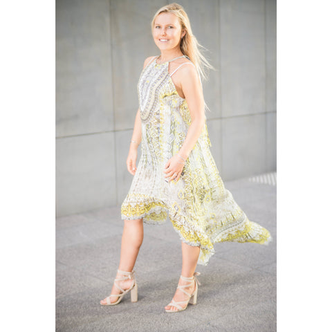 Yellow Patterned Tapered Frill Hem Long Dress