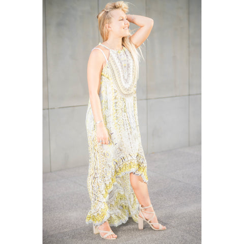 Yellow Patterned Tapered Frill Hem Long Dress