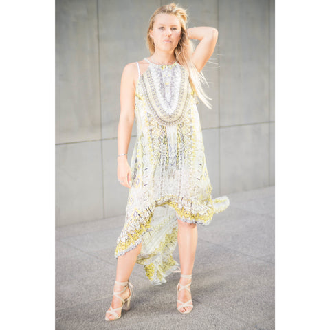 Yellow Patterned Tapered Frill Hem Long Dress