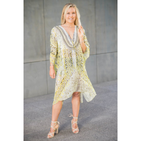 Yellow Silk Patterned Khaftan Short