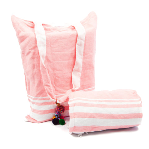 Kikoy with Matching bag in Pink Block Colour
