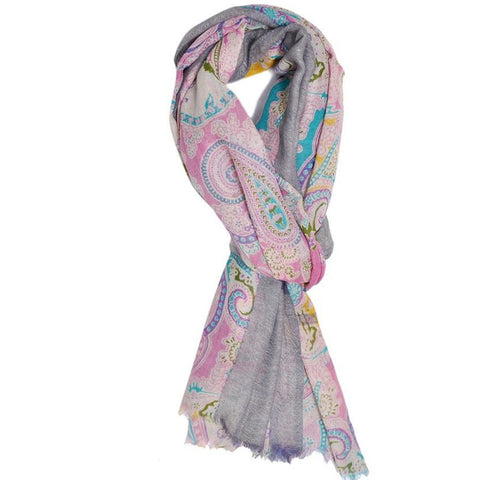Pink and Grey Paisley Wool Lightweight Scarf