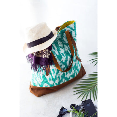 Sea Green Ikat Kantha and Leather Tote