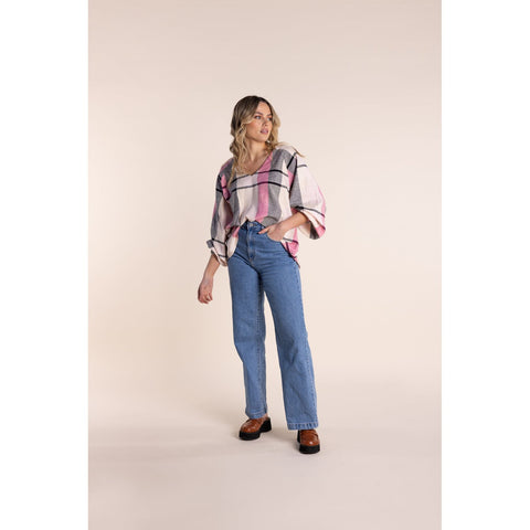 Two T's - V Neck Top Fuchsia Check