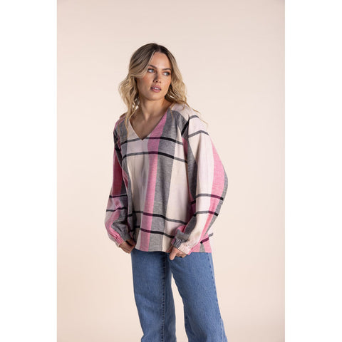 Two T's - V Neck Top Fuchsia Check