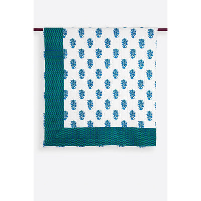 Zubeidah Tulip White and Seagreen Blockprint Reversible Cotton Quilt  - Melange Chic - 1