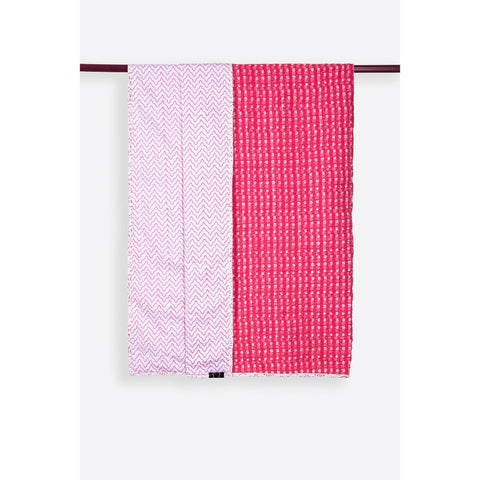 Carreaux Rose Cotton Handprinted Reversible Kantha Stitch Duvet Cover Single - 140 X 210 - Melange Chic - 2