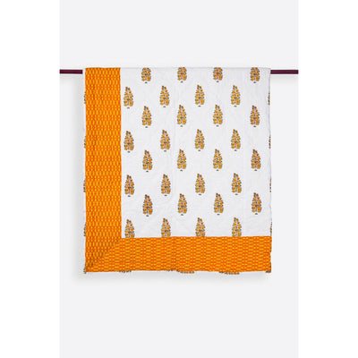 Zubeidah Tulip White and Yellow Blockprint Reversible Handmade Cotton Quilt  - Melange Chic - 1
