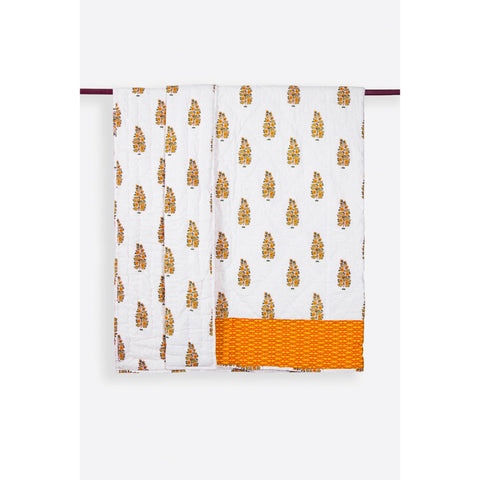Zubeidah Tulip White and Yellow Blockprint Reversible Handmade Cotton Quilt  - Melange Chic - 2