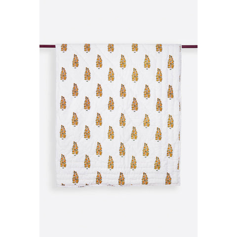 Zubeidah Tulip White and Yellow Blockprint Reversible Handmade Cotton Quilt  - Melange Chic - 3