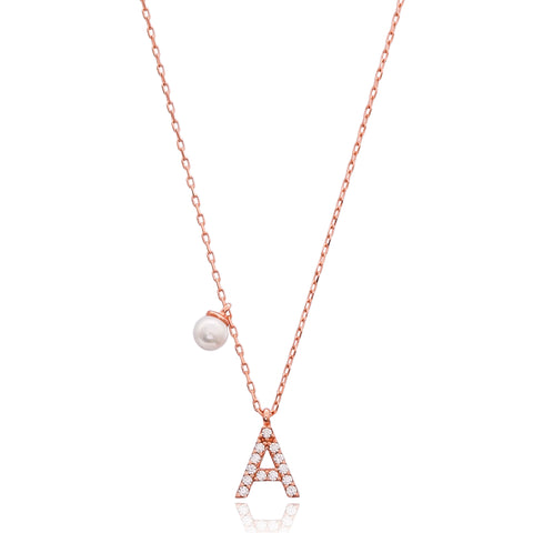 Cubic Zarconia Letter Necklace with Pearl Detail in Rose Gold