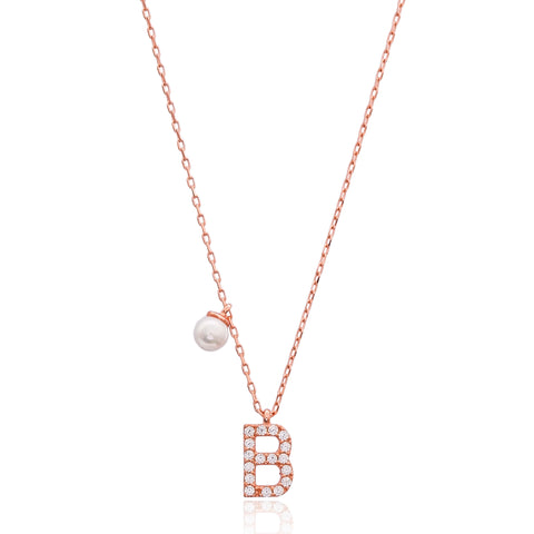 Cubic Zarconia Letter Necklace with Pearl Detail in Rose Gold