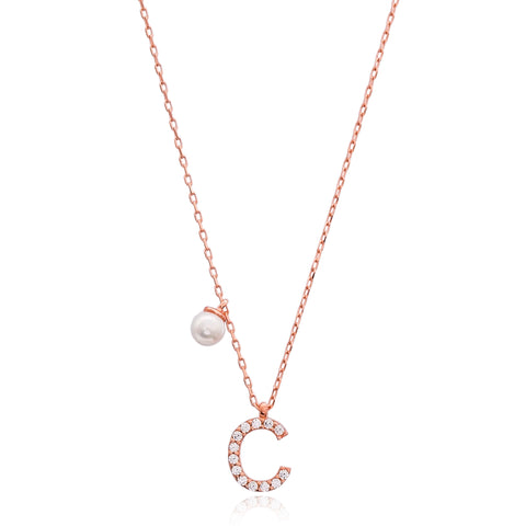 Cubic Zarconia Letter Necklace with Pearl Detail in Rose Gold