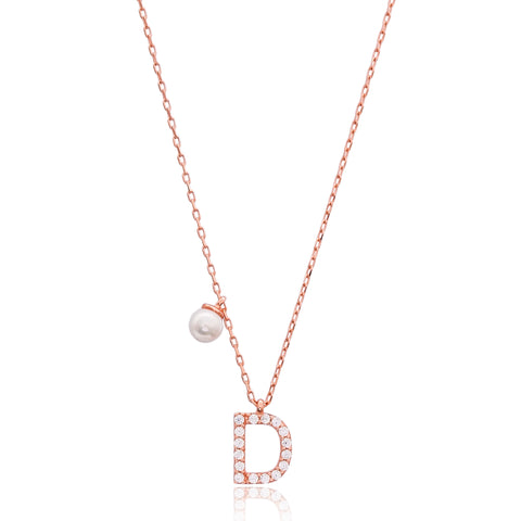 Cubic Zarconia Letter Necklace with Pearl Detail in Rose Gold