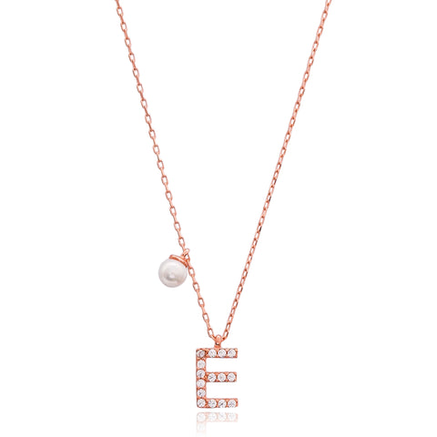 Cubic Zarconia Letter Necklace with Pearl Detail in Rose Gold