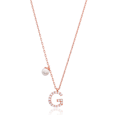 Cubic Zarconia Letter Necklace with Pearl Detail in Rose Gold
