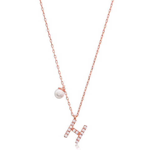 Cubic Zarconia Letter Necklace with Pearl Detail in Rose Gold