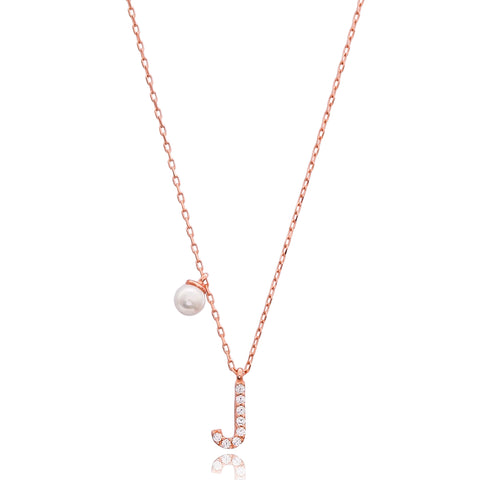 Cubic Zarconia Letter Necklace with Pearl Detail in Rose Gold