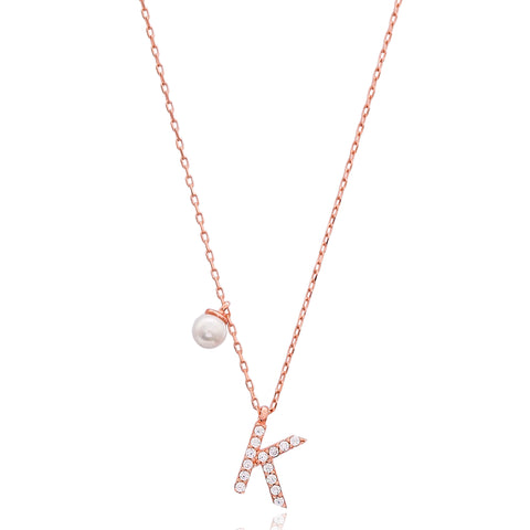 Cubic Zarconia Letter Necklace with Pearl Detail in Rose Gold