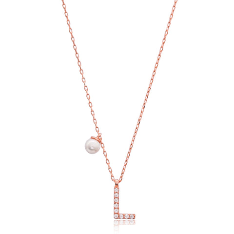Cubic Zarconia Letter Necklace with Pearl Detail in Rose Gold