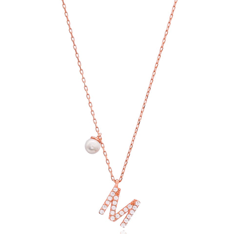 Cubic Zarconia Letter Necklace with Pearl Detail in Rose Gold