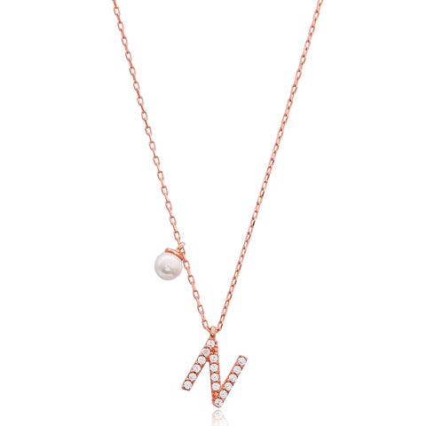 Cubic Zarconia Letter Necklace with Pearl Detail in Rose Gold