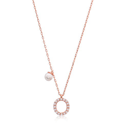 Cubic Zarconia Letter Necklace with Pearl Detail in Rose Gold