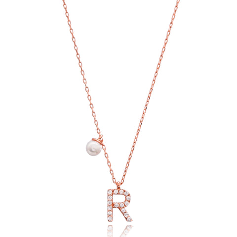 Cubic Zarconia Letter Necklace with Pearl Detail in Rose Gold