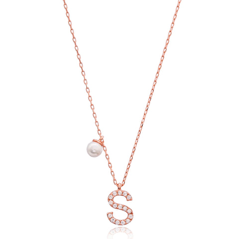 Cubic Zarconia Letter Necklace with Pearl Detail in Rose Gold